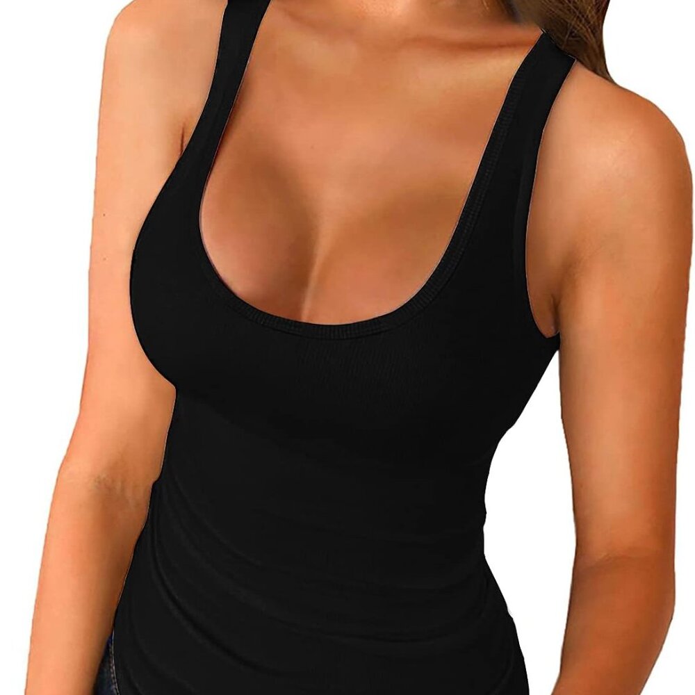 Womens Scoop Neck Ribbed Tank Tops Low Cut Solid Sexy Summer Sleeveless Henley T